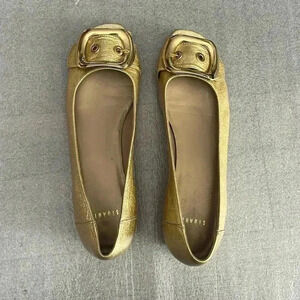 [9]Stuart  Weitzman Gold Buckle Patent Peep Toe Flat